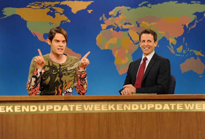 Bill Hader, left, as his iconic “SNL” character Stefon on "Weekend Update" with Seth Meyers in 2010.
